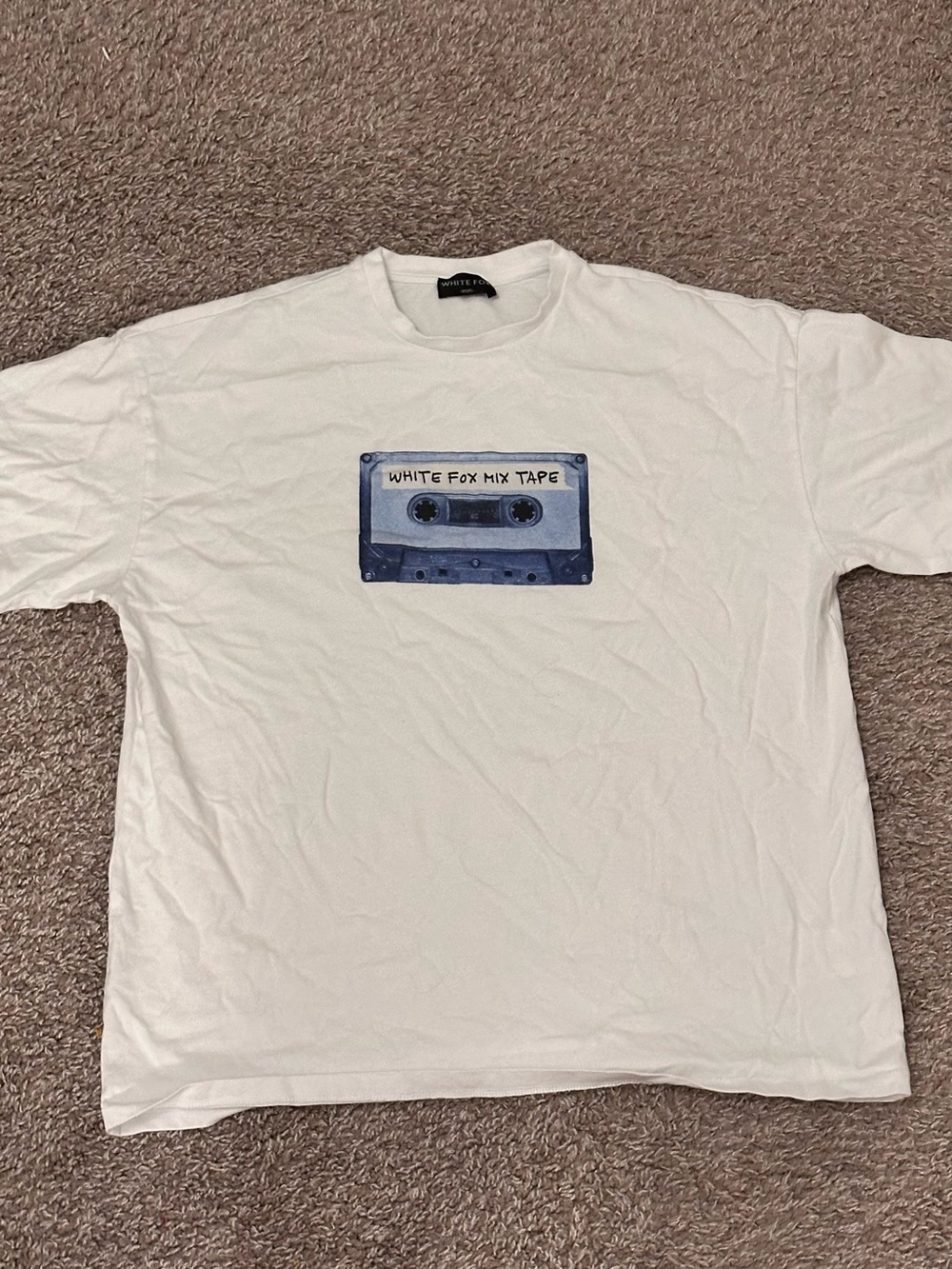 White Fox Boutique White Tee with Blue Cassette Graphic